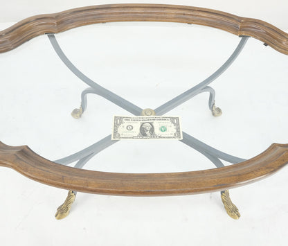 EstablishedLines Wrought Iron Brass Feet Glass Top Oval Scallop Shape 39" Long Coffee Table MINT
