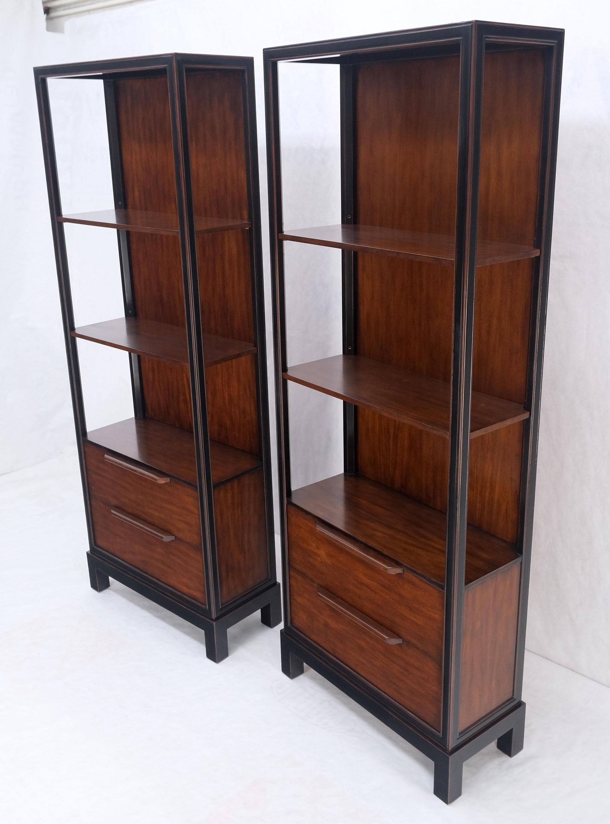 EstablishedLines Pair 7.5' Tall Custom Mahogany Etageres Adjustable Shelves Dresser Drawers MINT!