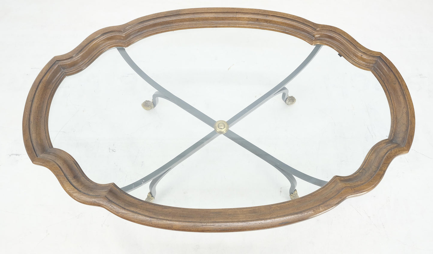 EstablishedLines Wrought Iron Brass Feet Glass Top Oval Scallop Shape 39" Long Coffee Table MINT