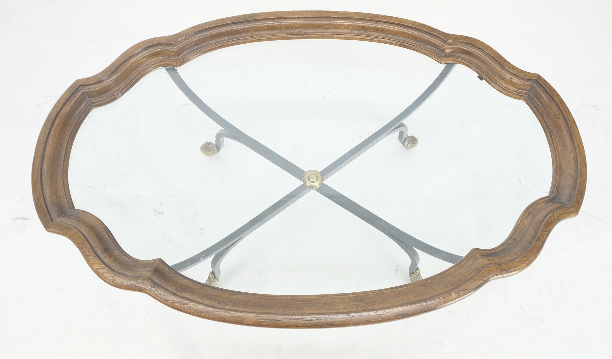 EstablishedLines Wrought Iron Brass Feet Glass Top Oval Scallop Shape 39" Long Coffee Table MINT