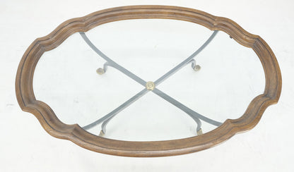 EstablishedLines Wrought Iron Brass Feet Glass Top Oval Scallop Shape 39" Long Coffee Table MINT