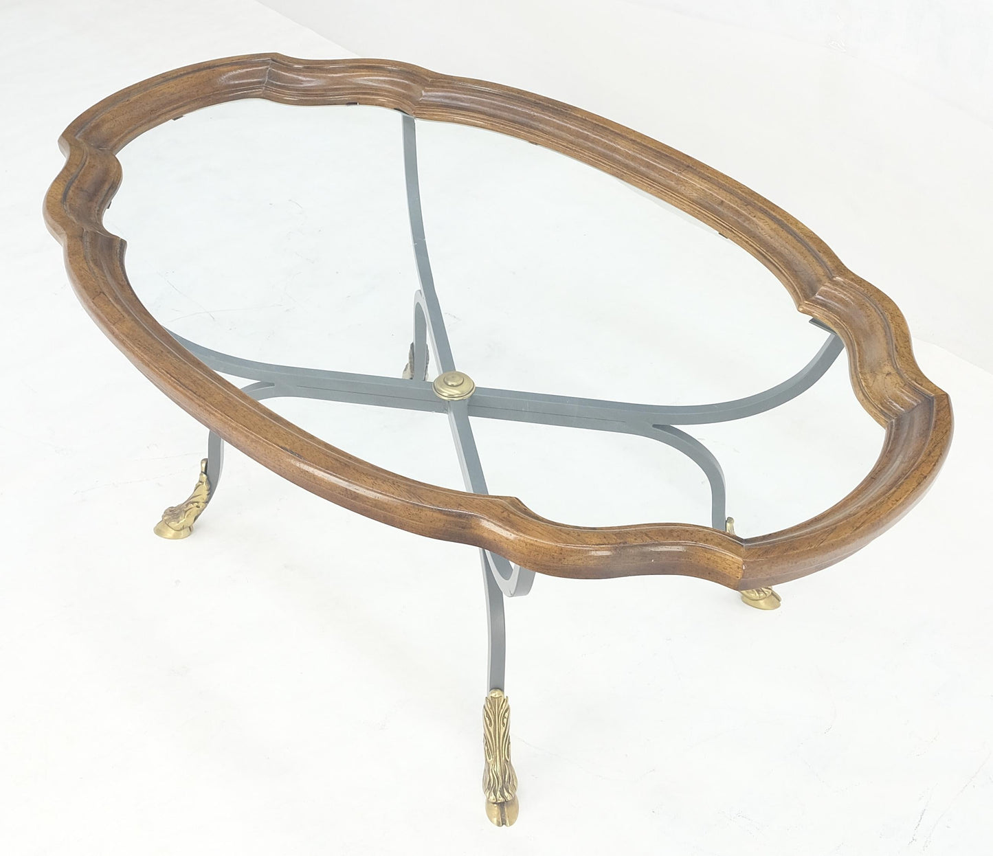 EstablishedLines Wrought Iron Brass Feet Glass Top Oval Scallop Shape 39" Long Coffee Table MINT