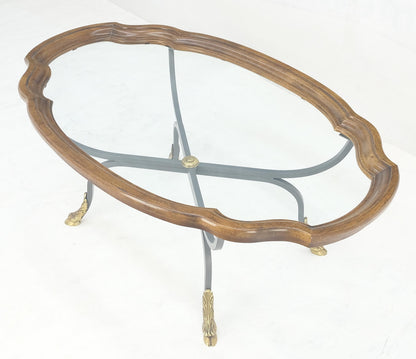 EstablishedLines Wrought Iron Brass Feet Glass Top Oval Scallop Shape 39" Long Coffee Table MINT