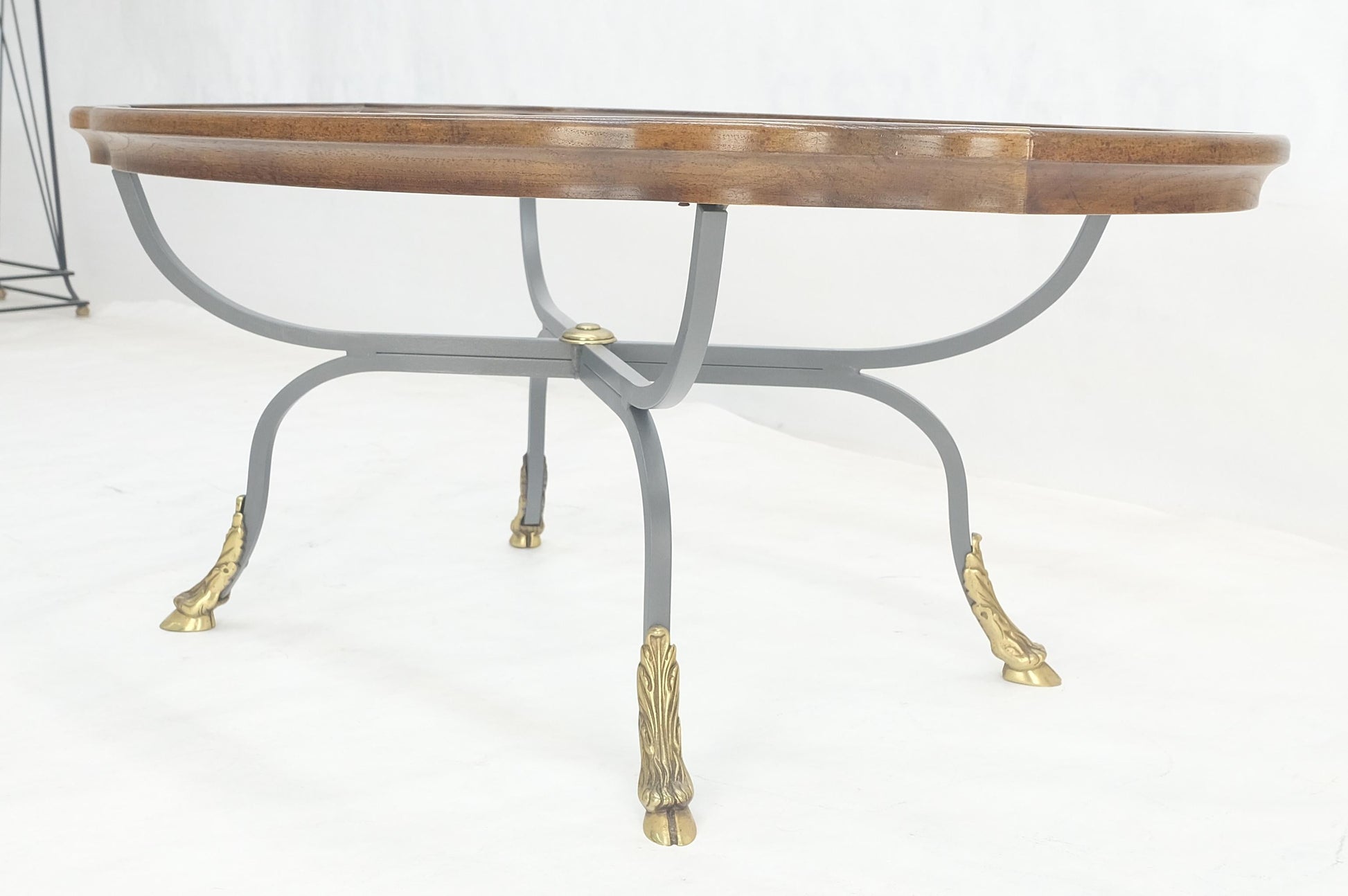 EstablishedLines Wrought Iron Brass Feet Glass Top Oval Scallop Shape 39" Long Coffee Table MINT