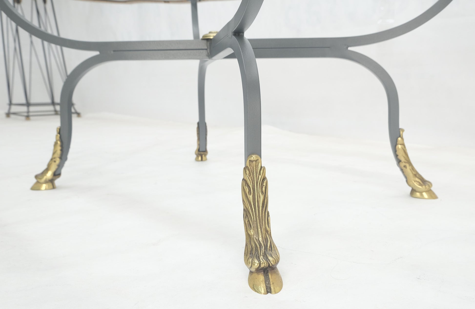 EstablishedLines Wrought Iron Brass Feet Glass Top Oval Scallop Shape 39" Long Coffee Table MINT