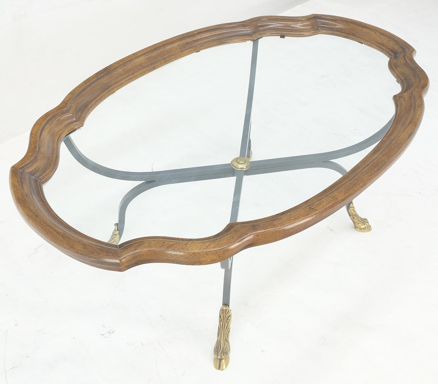 EstablishedLines Wrought Iron Brass Feet Glass Top Oval Scallop Shape 39" Long Coffee Table MINT