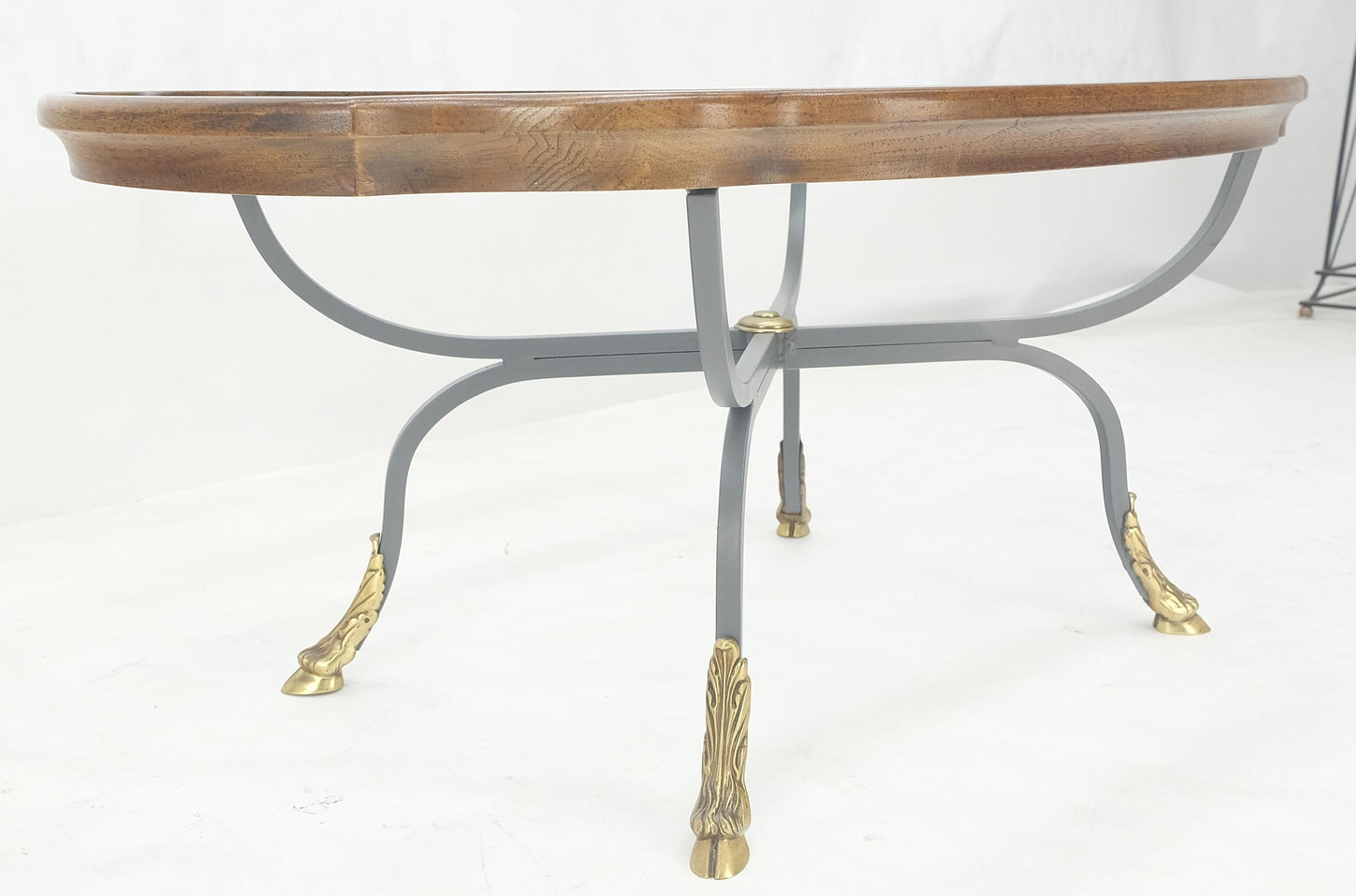 EstablishedLines Wrought Iron Brass Feet Glass Top Oval Scallop Shape 39" Long Coffee Table MINT