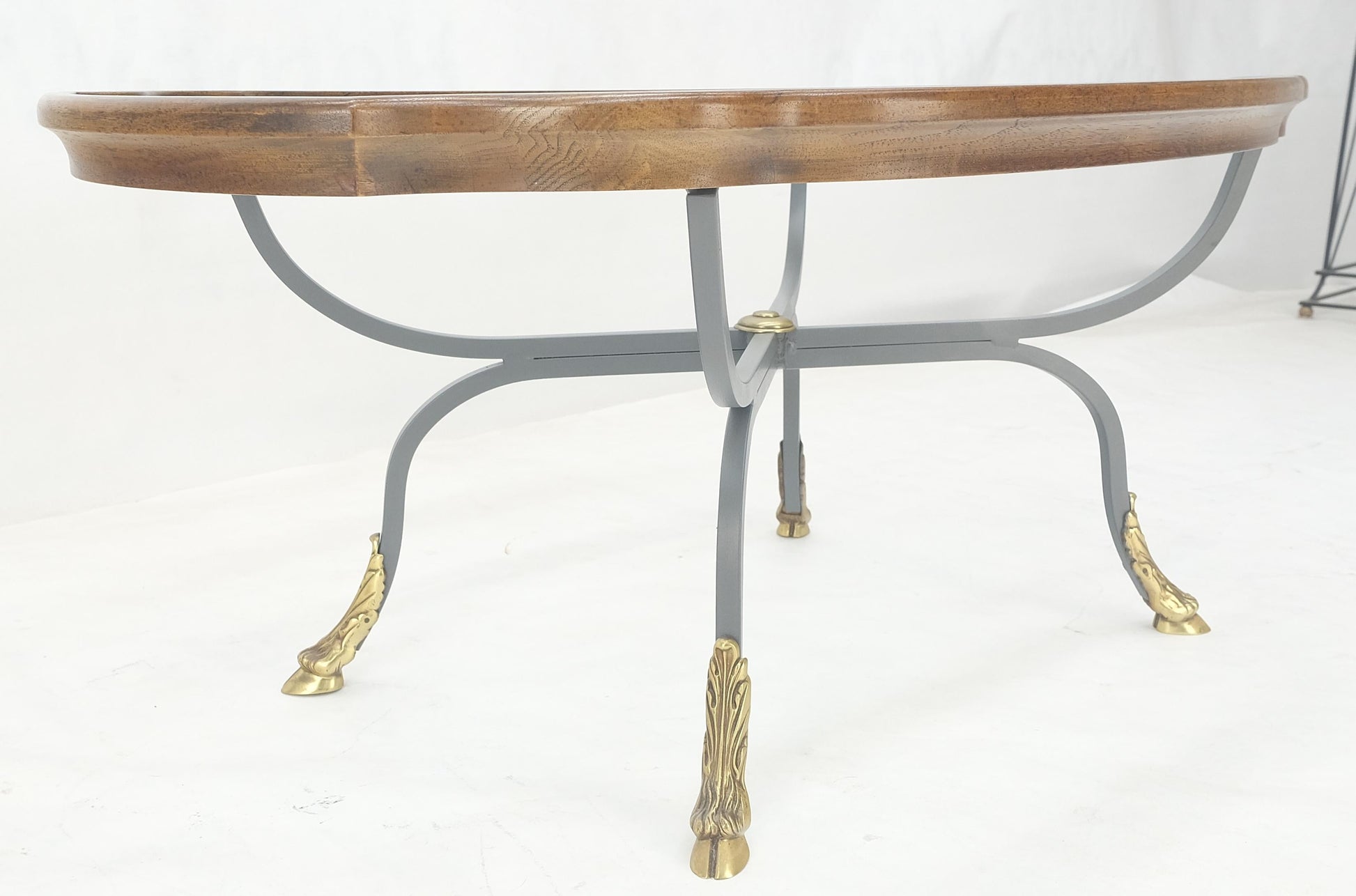EstablishedLines Wrought Iron Brass Feet Glass Top Oval Scallop Shape 39" Long Coffee Table MINT