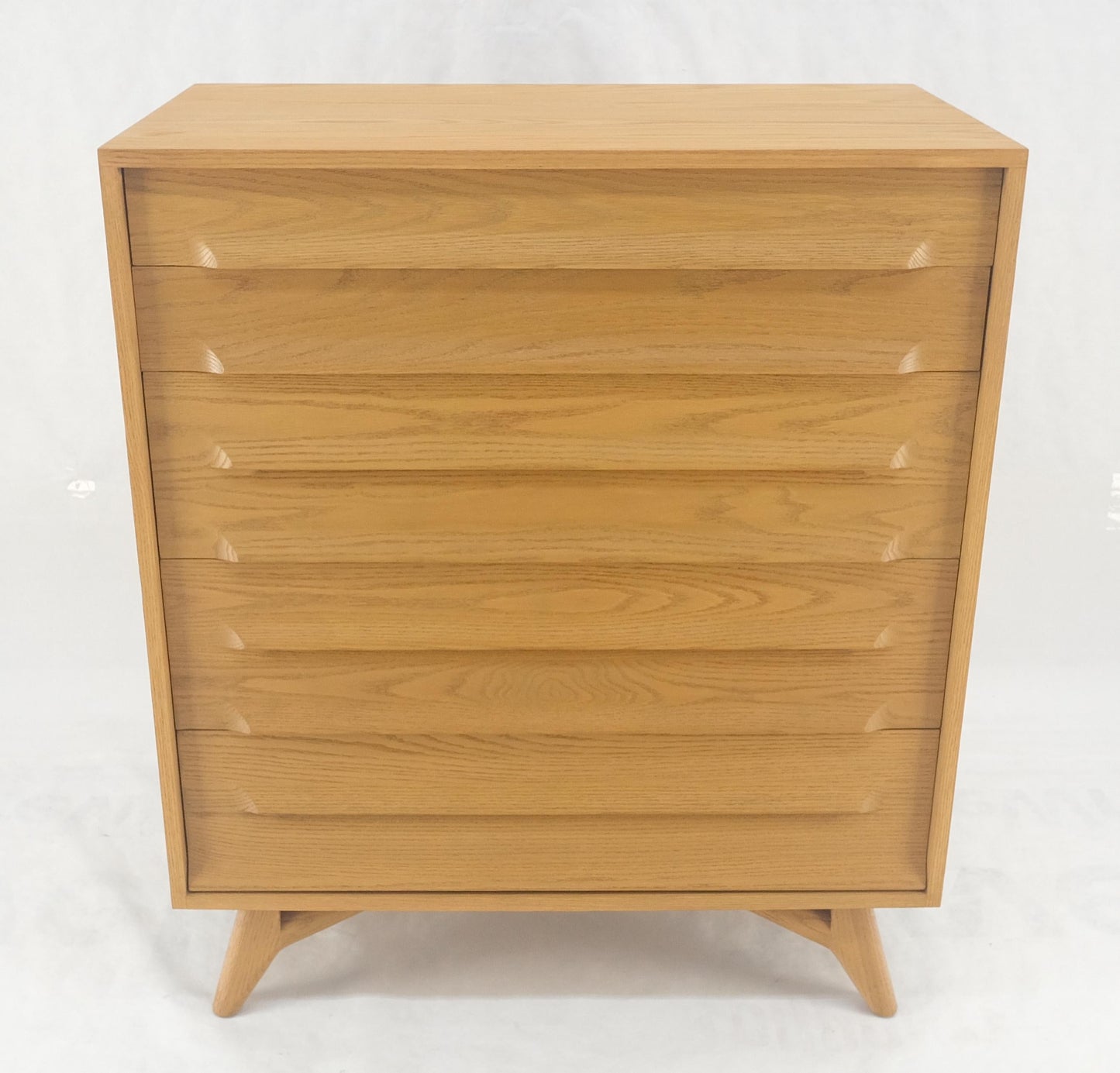 EstablishedLines Solid Oak Cerused High Boy Chest of 5 Drawers Dresser Sculptural Legs MINT!