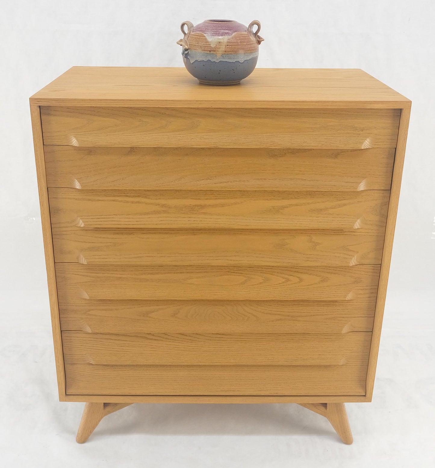 EstablishedLines Solid Oak Cerused High Boy Chest of 5 Drawers Dresser Sculptural Legs MINT!