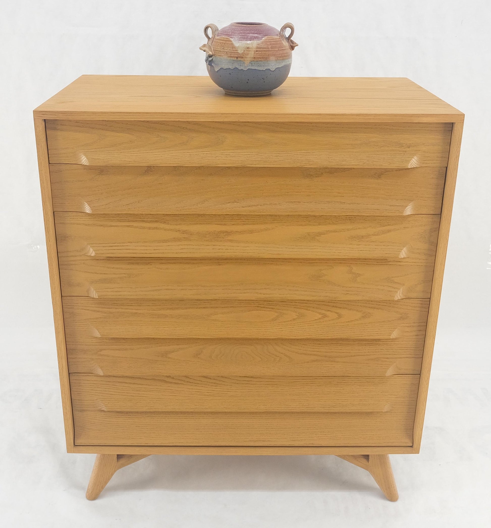 EstablishedLines Solid Oak Cerused High Boy Chest of 5 Drawers Dresser Sculptural Legs MINT!