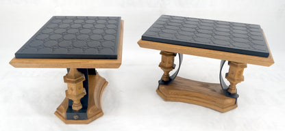 EstablishedLines Pair Solid Oak Bases Etched Patterns 3/4" Slate Top Rectangle End Side Table