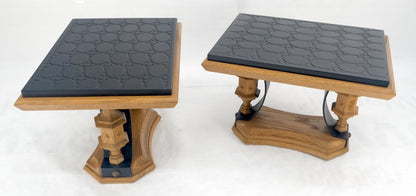 EstablishedLines Pair Solid Oak Bases Etched Patterns 3/4" Slate Top Rectangle End Side Table