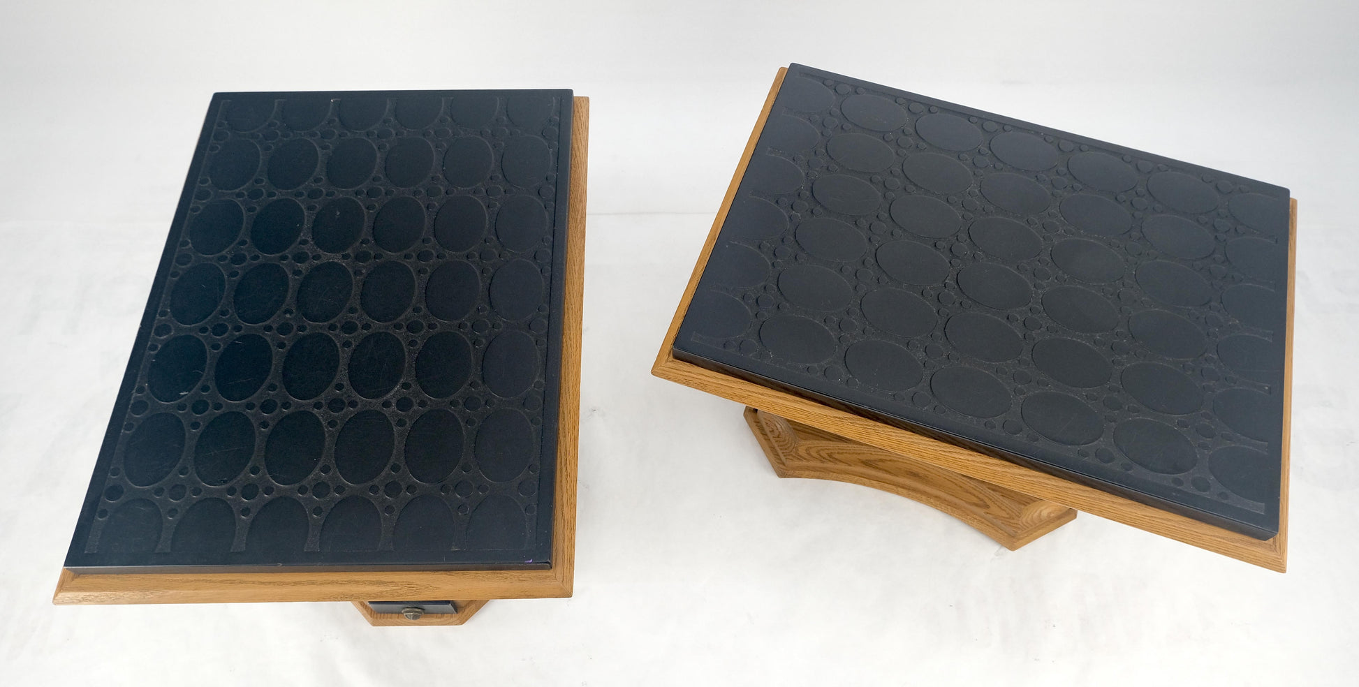EstablishedLines Pair Solid Oak Bases Etched Patterns 3/4" Slate Top Rectangle End Side Table