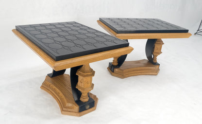 EstablishedLines Pair Solid Oak Bases Etched Patterns 3/4" Slate Top Rectangle End Side Table