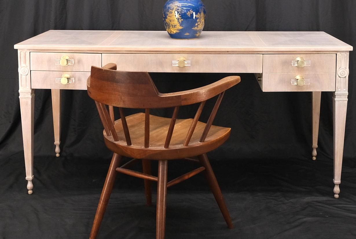 EstablishedLines Baker Bleached Walnut Lucite & Brass Pulls 4 Drawer Low Profile Desk Console