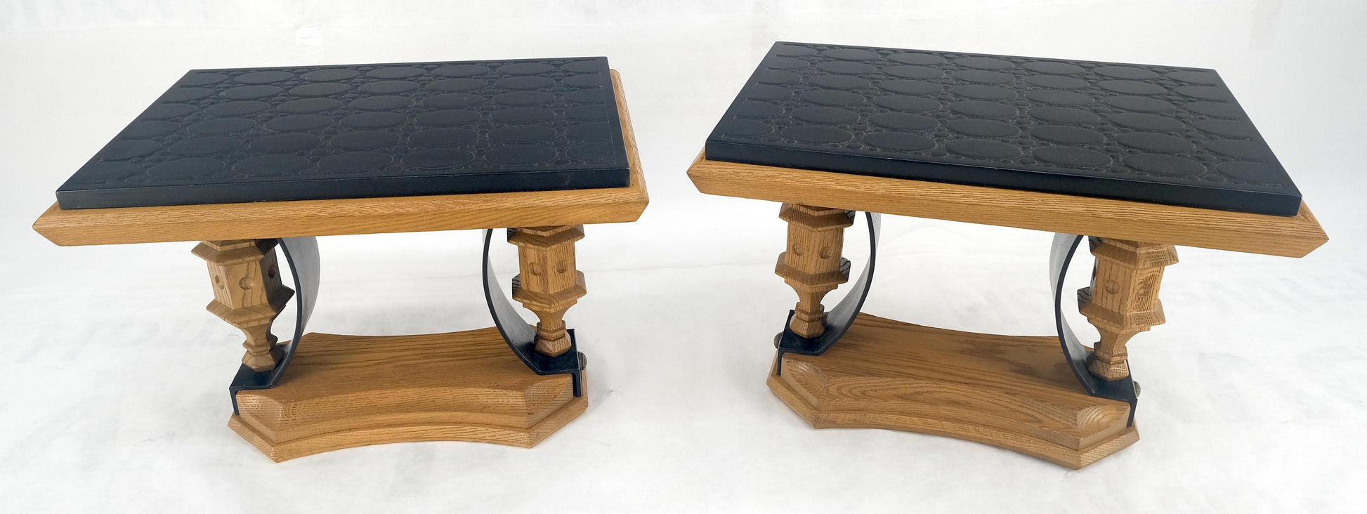 EstablishedLines Pair Solid Oak Bases Etched Patterns 3/4" Slate Top Rectangle End Side Table