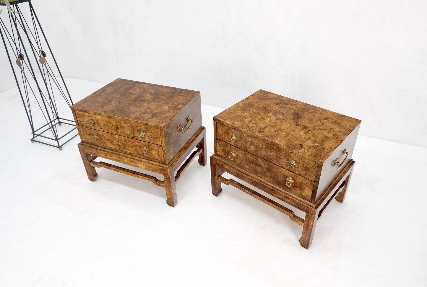 Pair of Burl Asian Campaign Fusion 2 Drawer Night Stands End Table Brass Pulls