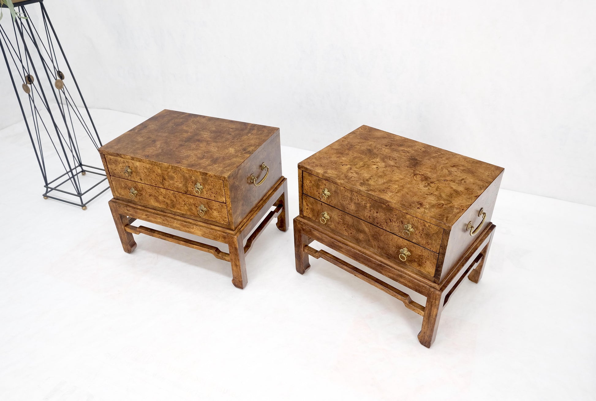 EstablishedLines Pair of Burl Asian Campaign Fusion 2 Drawer Night Stands End Table Brass Pulls