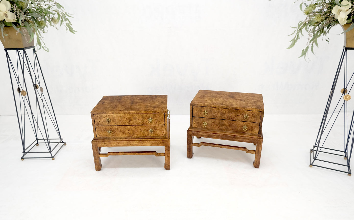 Pair of Burl Asian Campaign Fusion 2 Drawer Night Stands End Table Brass Pulls