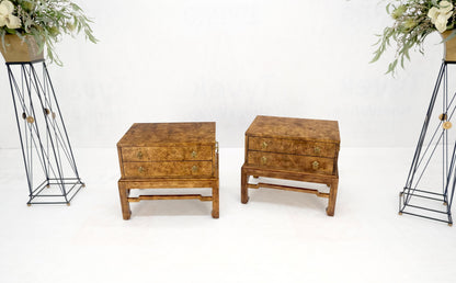 Pair of Burl Asian Campaign Fusion 2 Drawer Night Stands End Table Brass Pulls