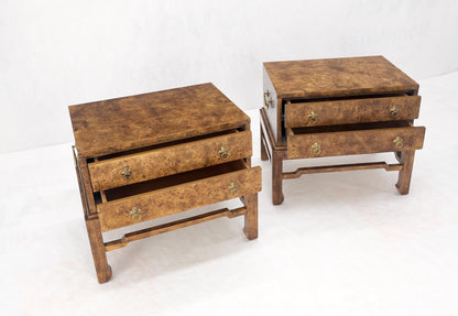 Pair of Burl Asian Campaign Fusion 2 Drawer Night Stands End Table Brass Pulls