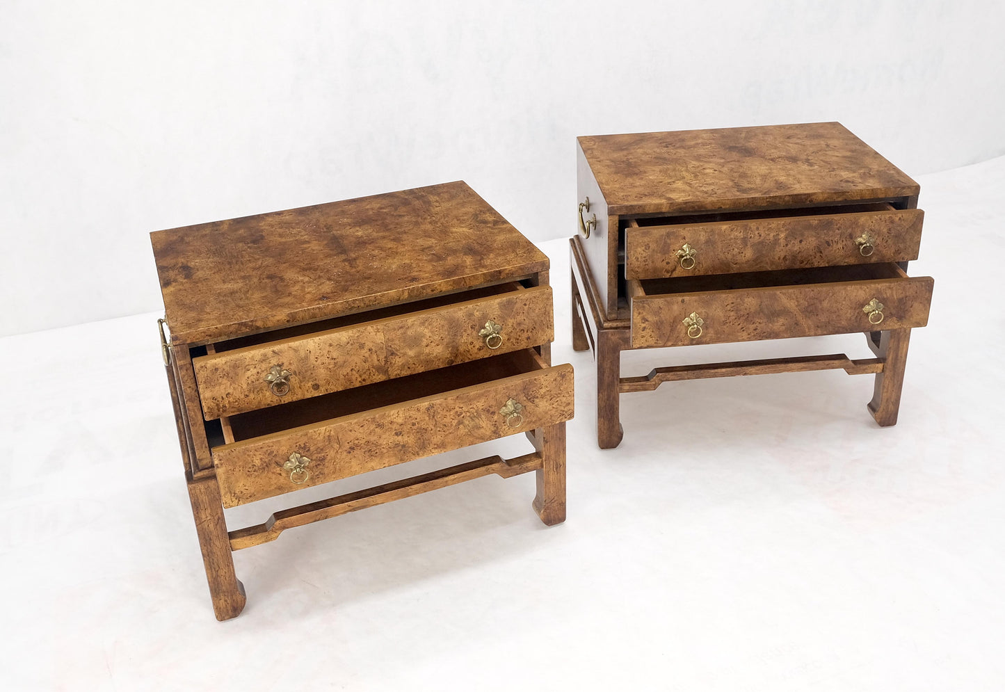EstablishedLines Pair of Burl Asian Campaign Fusion 2 Drawer Night Stands End Table Brass Pulls