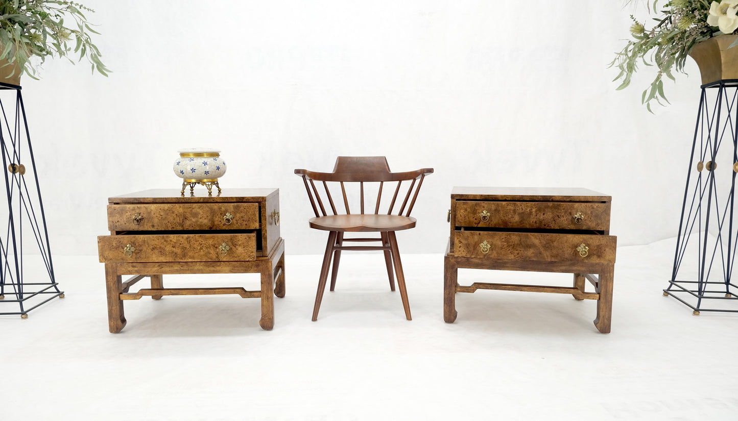 Pair of Burl Asian Campaign Fusion 2 Drawer Night Stands End Table Brass Pulls