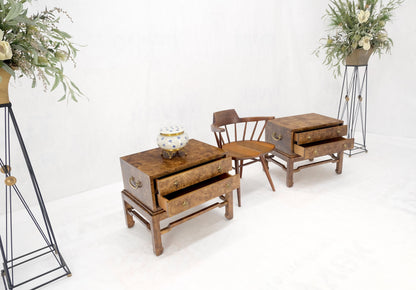 Pair of Burl Asian Campaign Fusion 2 Drawer Night Stands End Table Brass Pulls