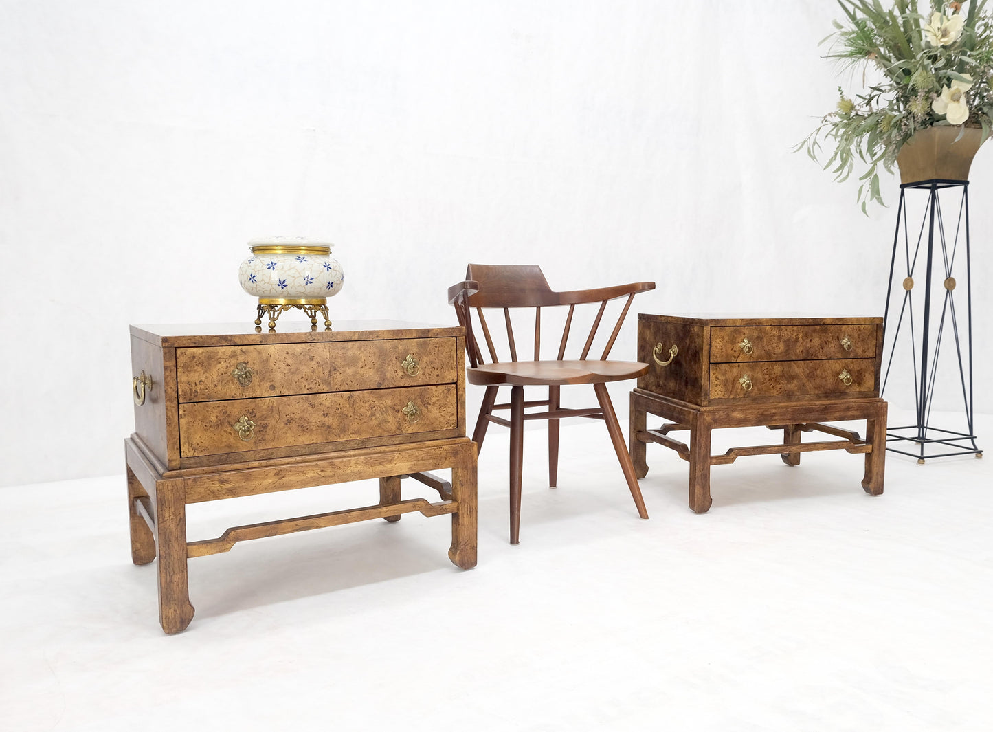 Pair of Burl Asian Campaign Fusion 2 Drawer Night Stands End Table Brass Pulls