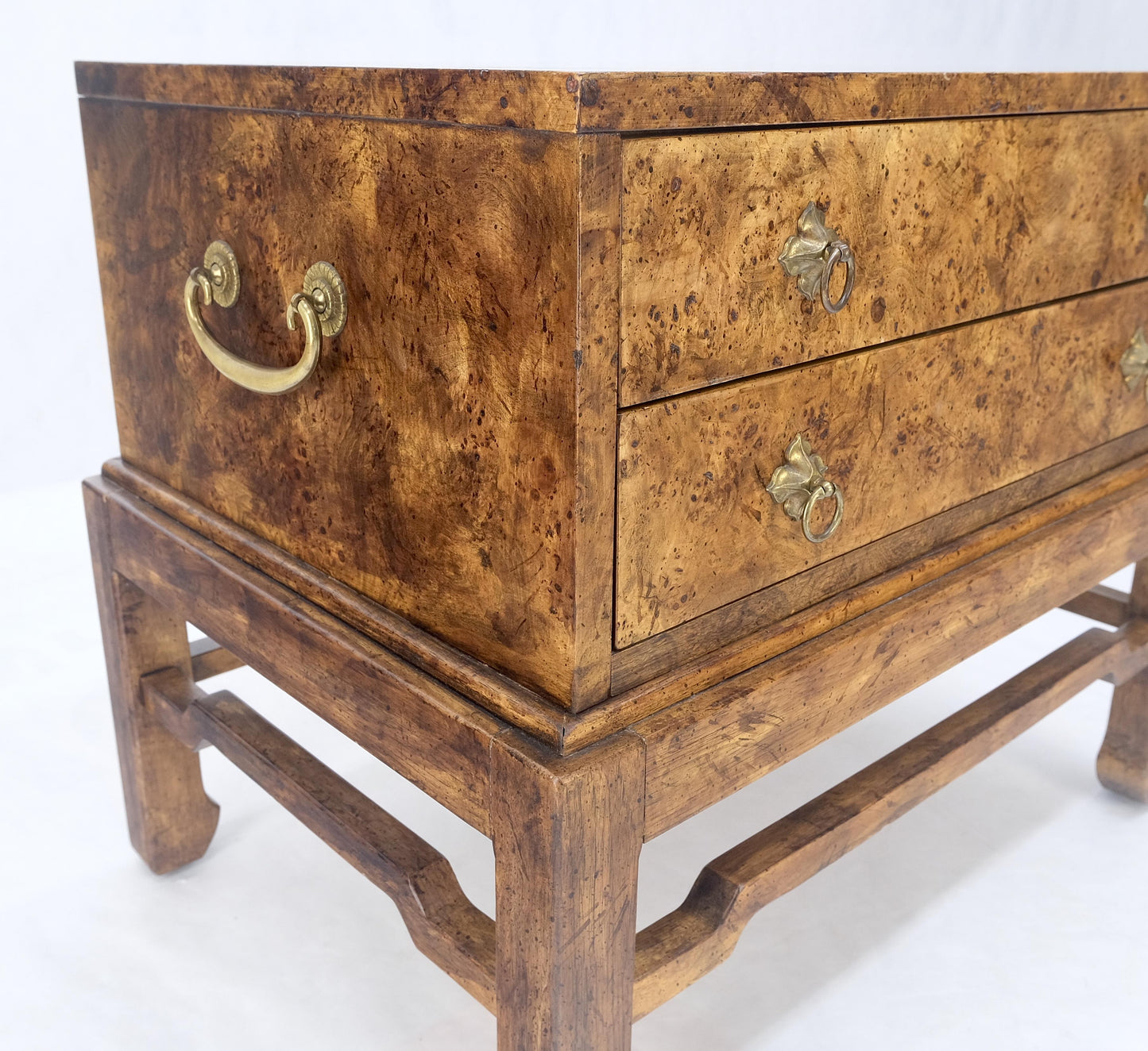 Pair of Burl Asian Campaign Fusion 2 Drawer Night Stands End Table Brass Pulls
