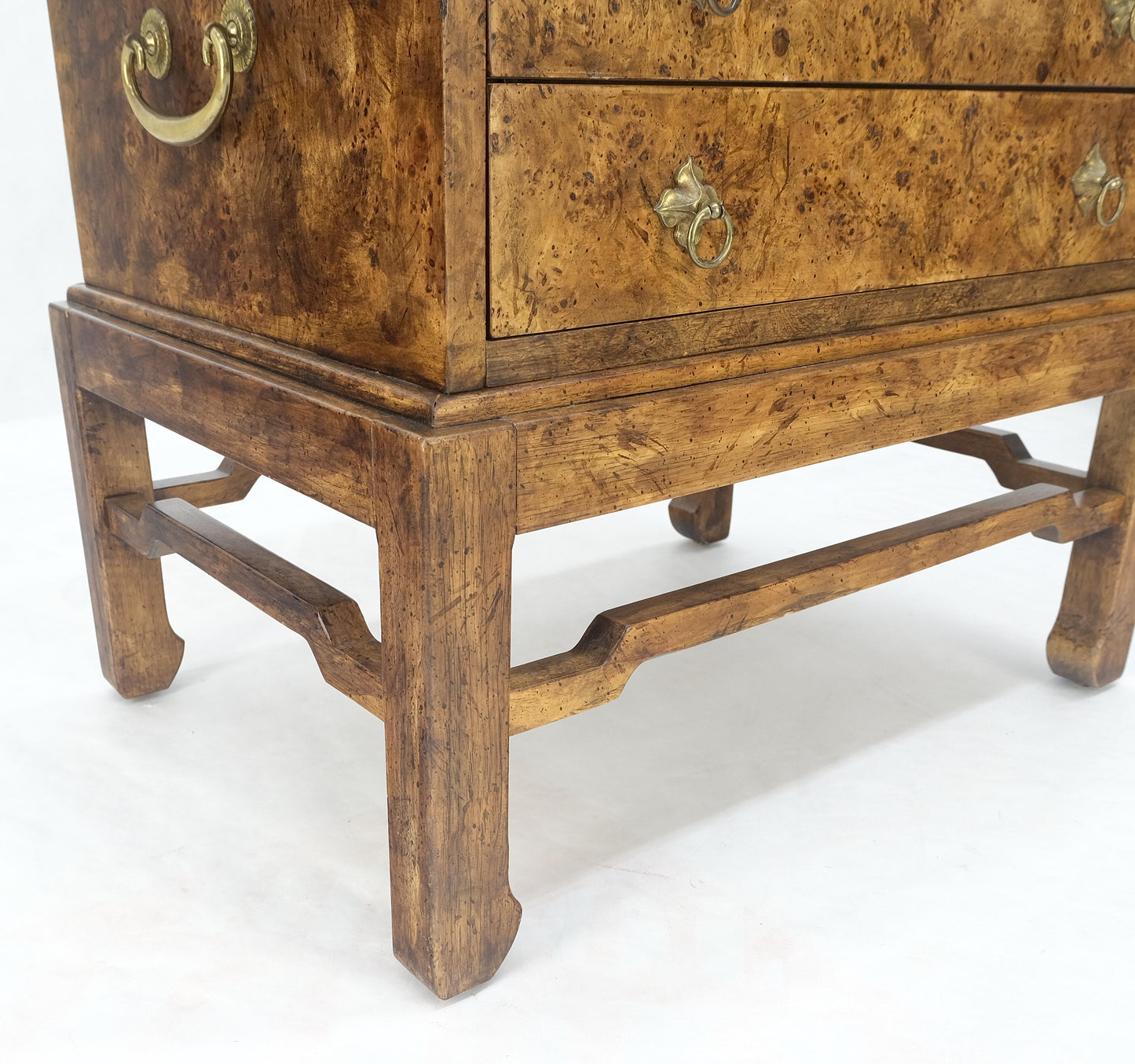 Pair of Burl Asian Campaign Fusion 2 Drawer Night Stands End Table Brass Pulls
