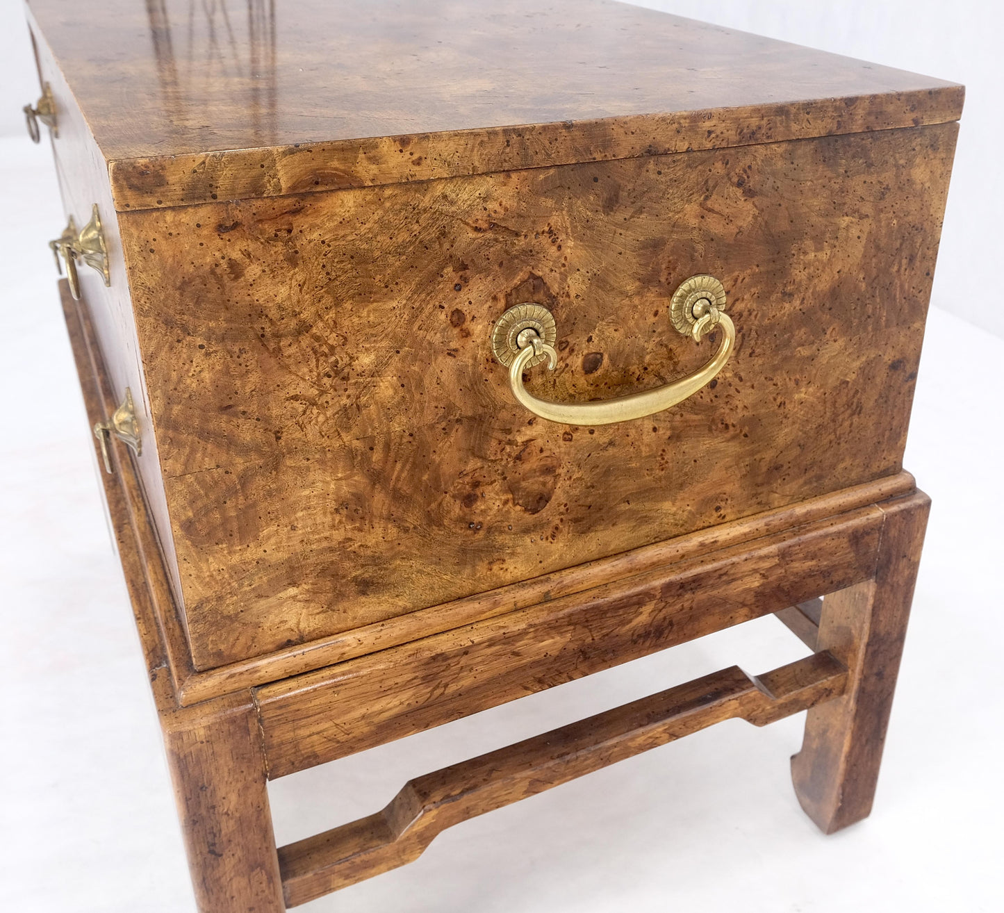 Pair of Burl Asian Campaign Fusion 2 Drawer Night Stands End Table Brass Pulls