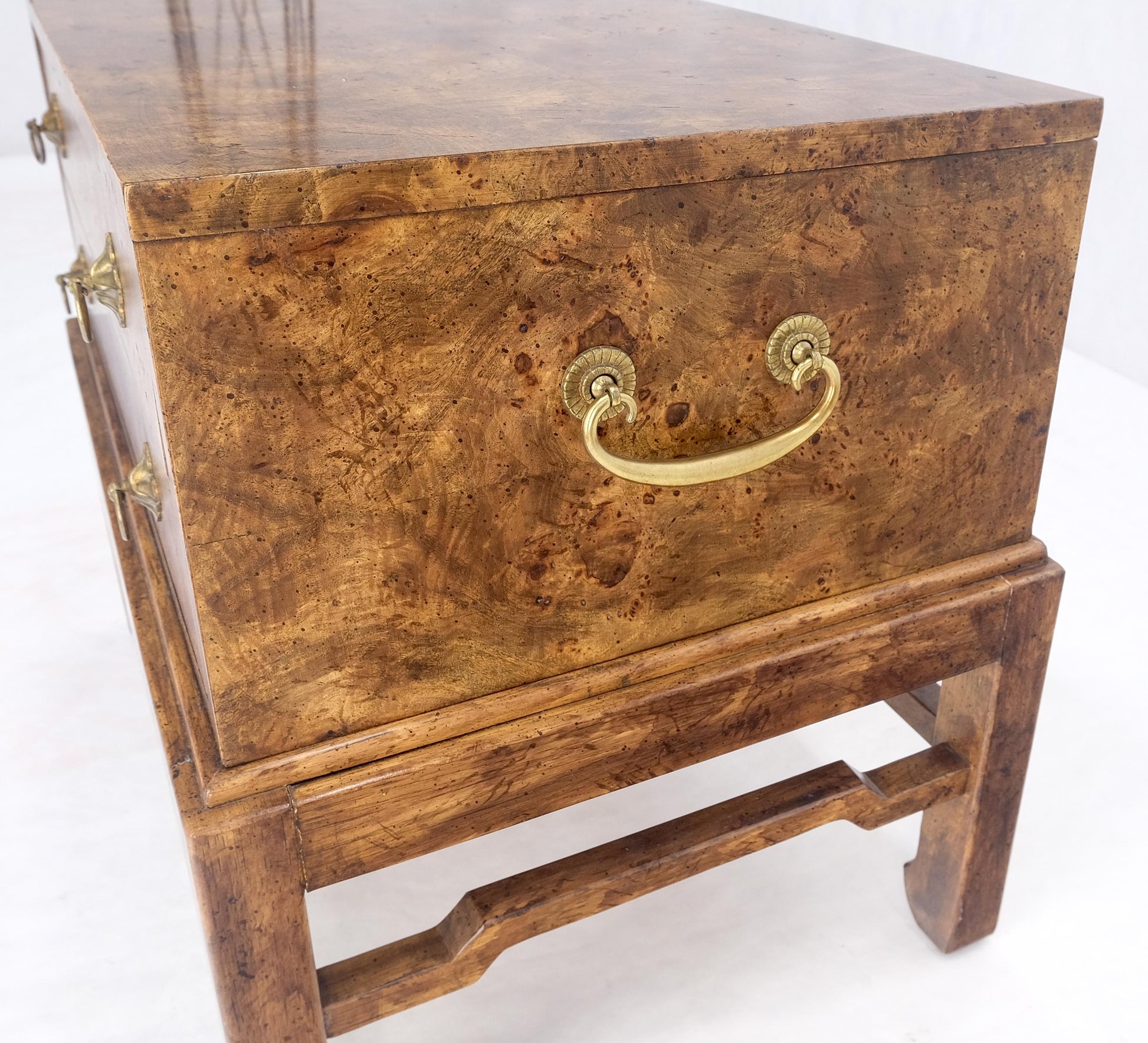 EstablishedLines Pair of Burl Asian Campaign Fusion 2 Drawer Night Stands End Table Brass Pulls