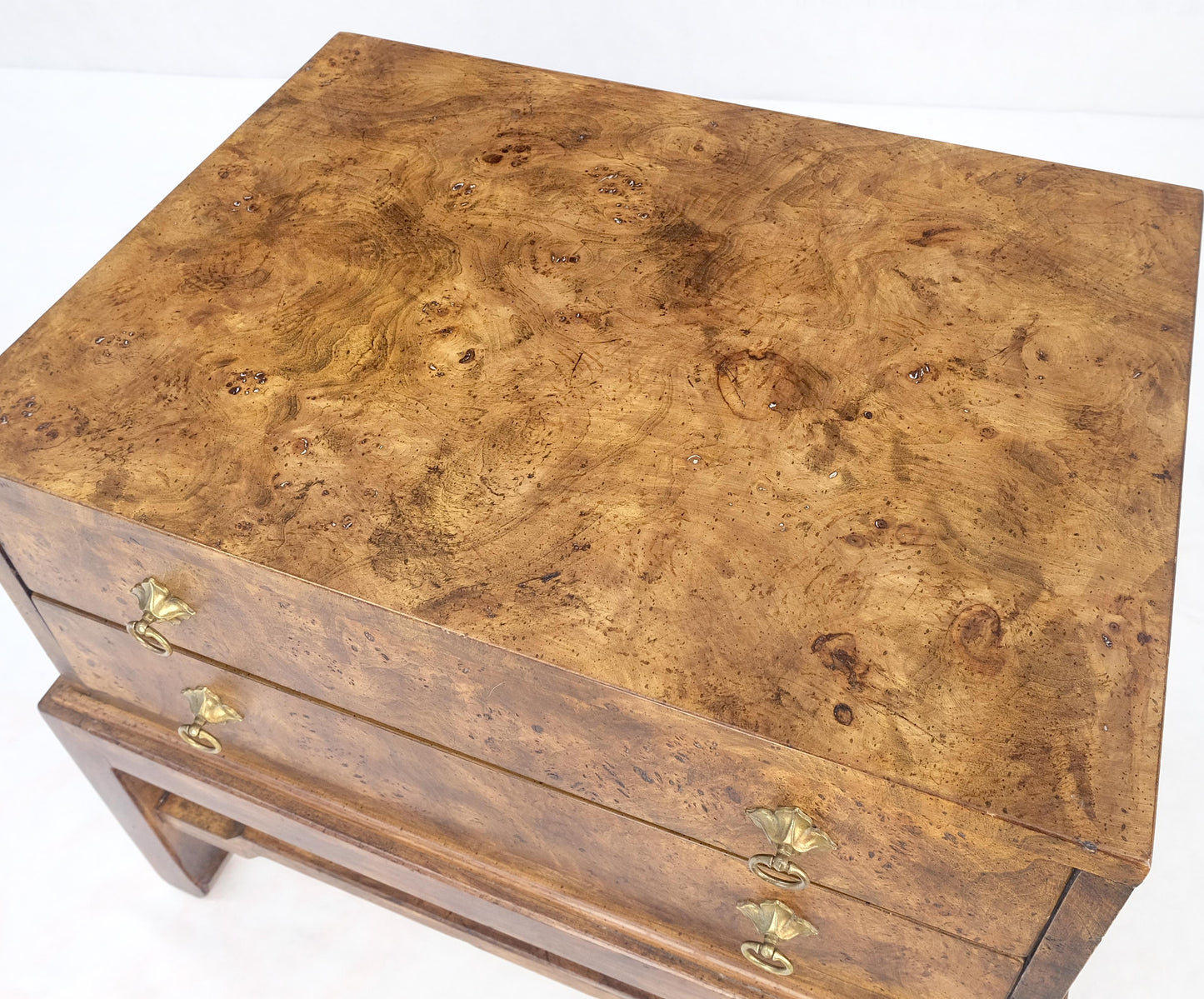 Pair of Burl Asian Campaign Fusion 2 Drawer Night Stands End Table Brass Pulls