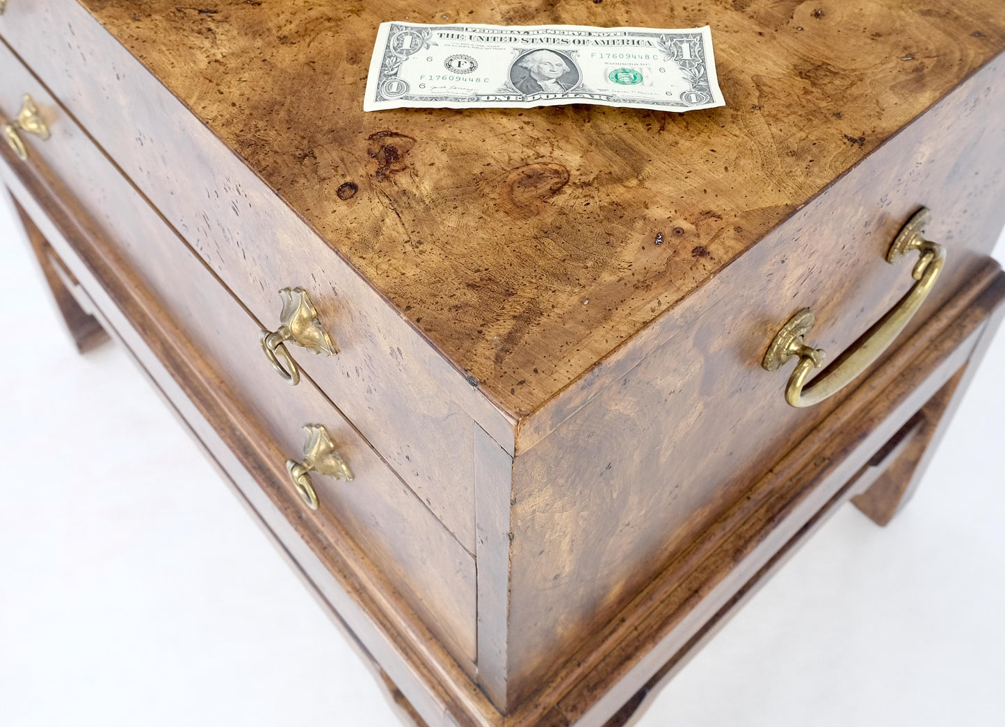 Pair of Burl Asian Campaign Fusion 2 Drawer Night Stands End Table Brass Pulls
