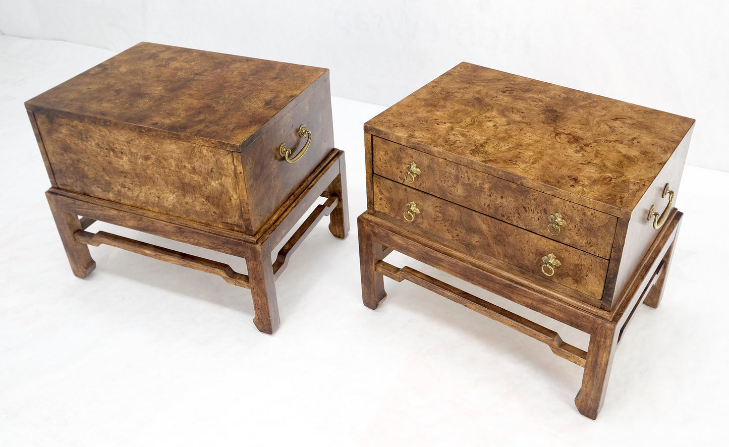 Pair of Burl Asian Campaign Fusion 2 Drawer Night Stands End Table Brass Pulls