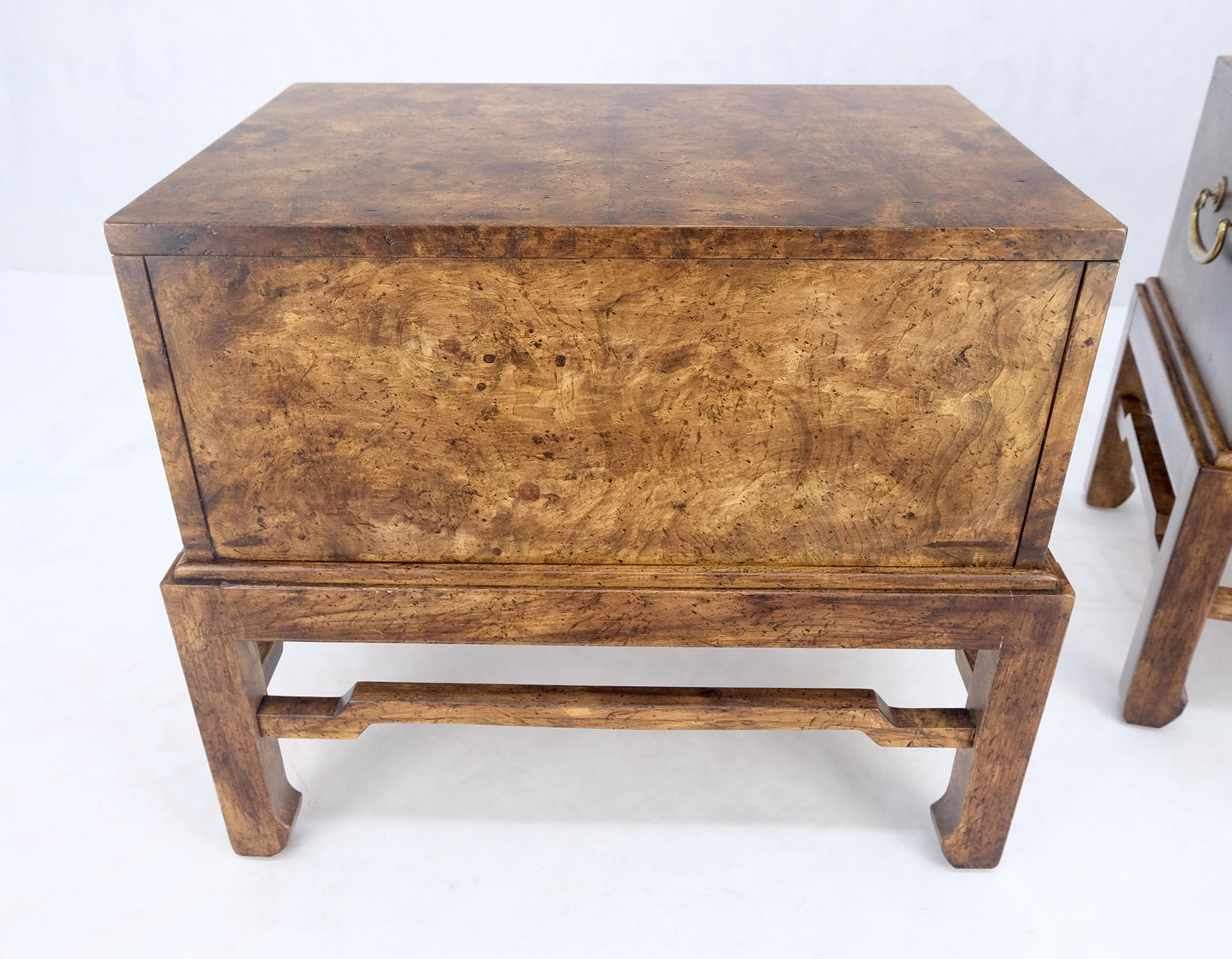 Pair of Burl Asian Campaign Fusion 2 Drawer Night Stands End Table Brass Pulls