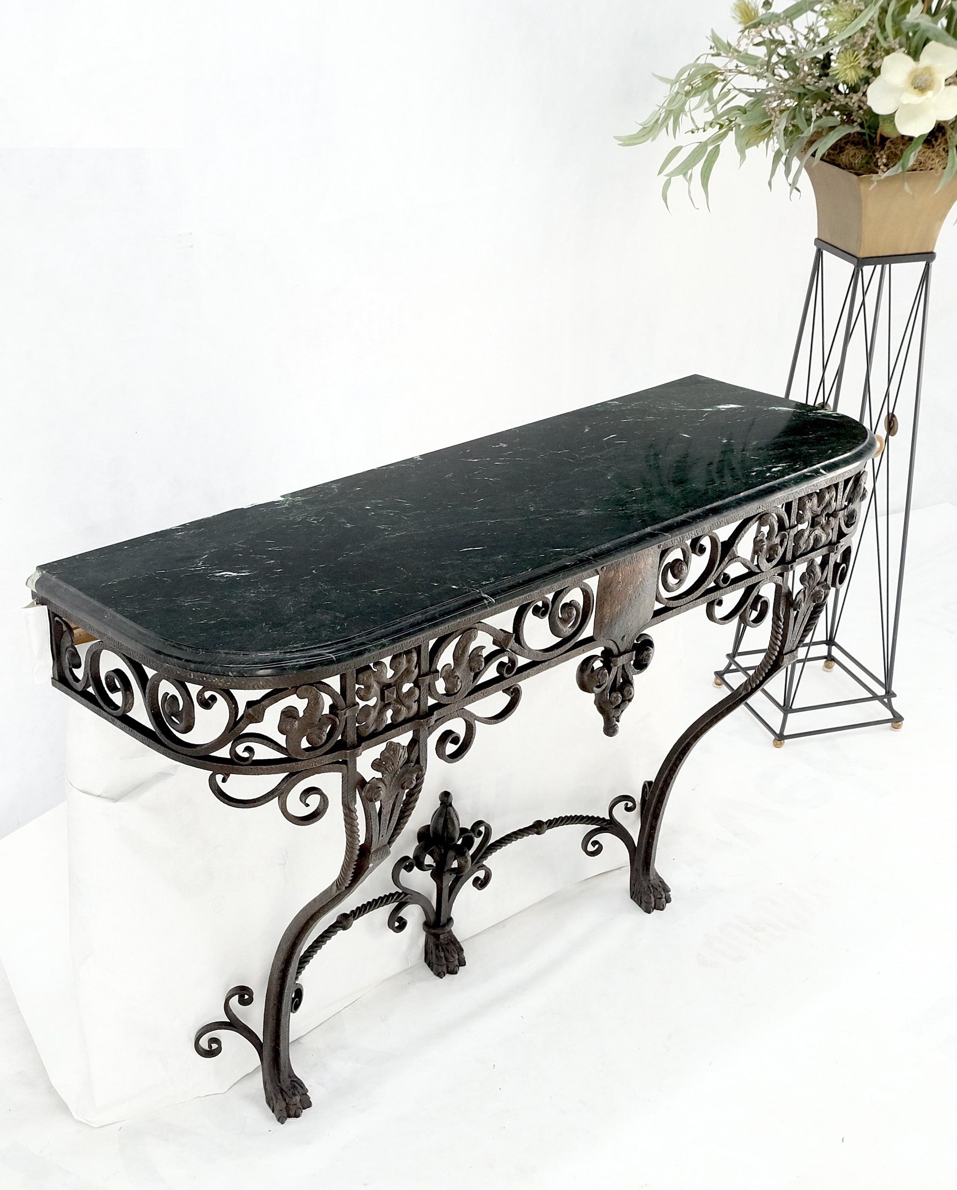 EstablishedLines Large Heavy Wall Wrought Iron Base Marble Top Console Hall Entry Table MINT!