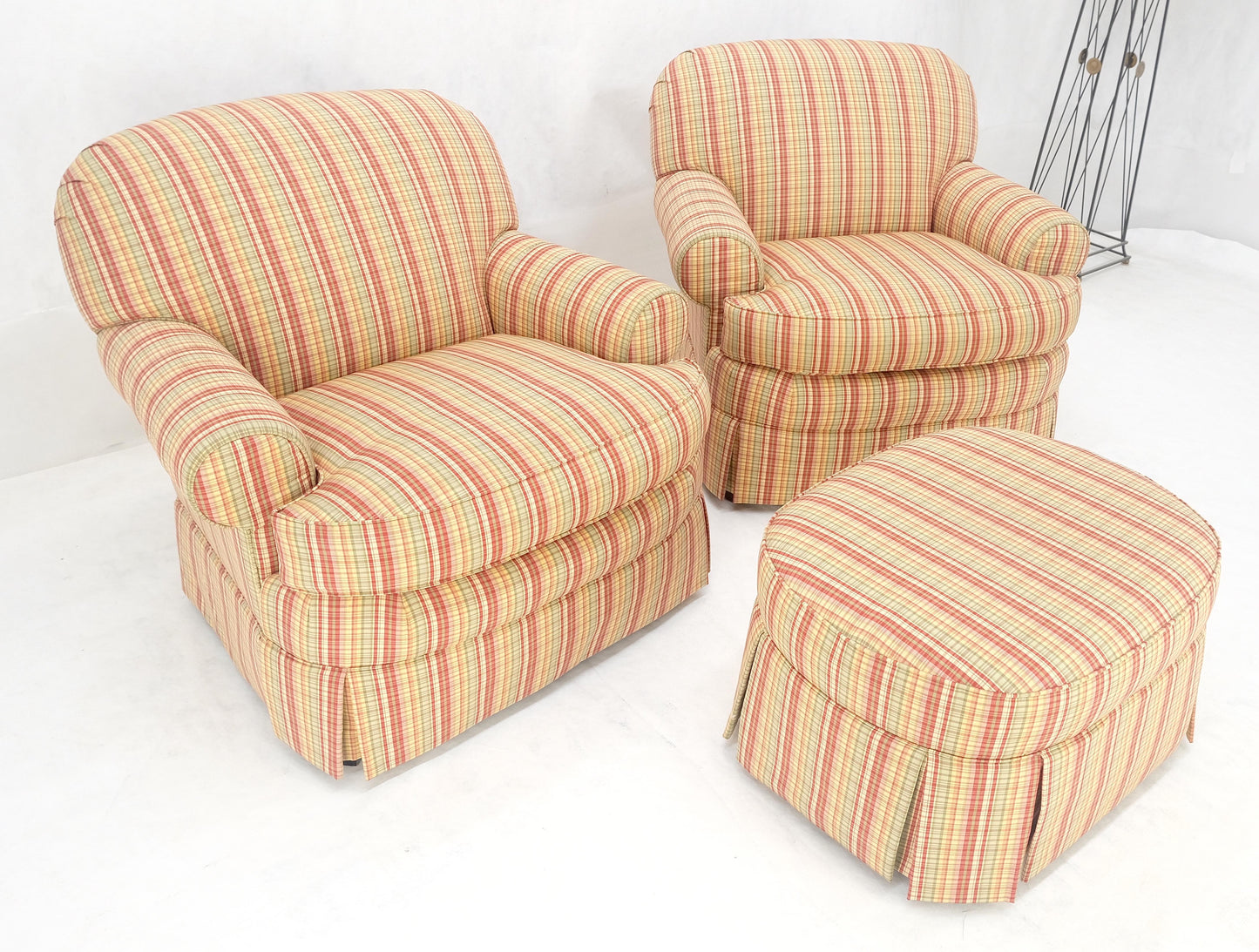 EstablishedLines Pair of Mid Century c1970s Striped Upholstery Lounge Chair Matching Ottoman MINT