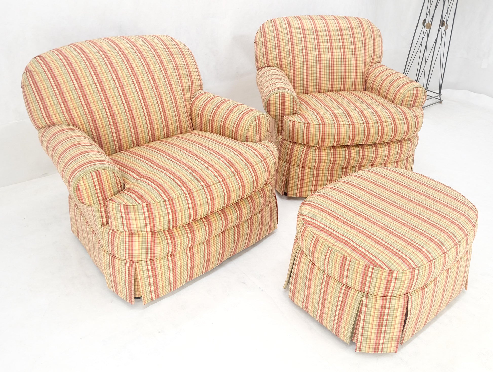EstablishedLines Pair of Mid Century c1970s Striped Upholstery Lounge Chair Matching Ottoman MINT