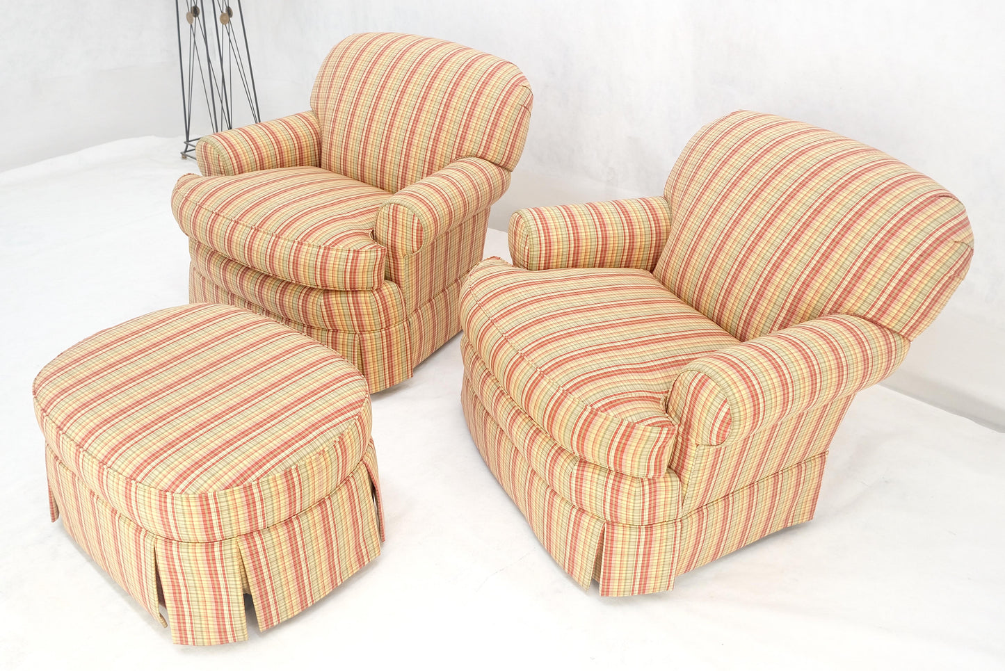 EstablishedLines Pair of Mid Century c1970s Striped Upholstery Lounge Chair Matching Ottoman MINT
