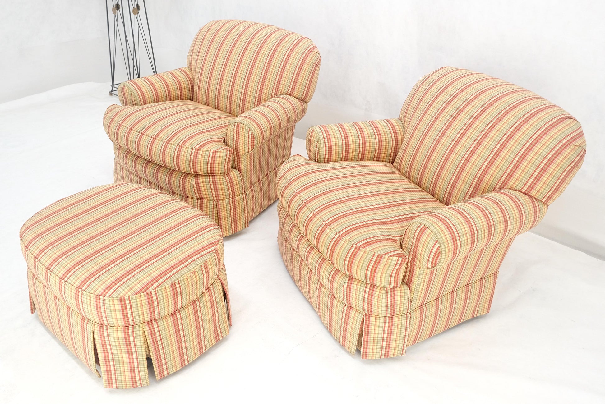 EstablishedLines Pair of Mid Century c1970s Striped Upholstery Lounge Chair Matching Ottoman MINT