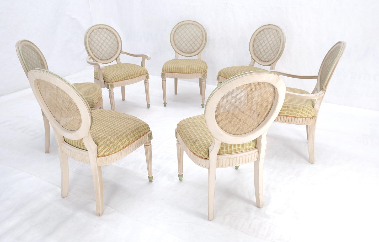 Set of 7 Swedish White Wash Paint Decorated Oval Cane Backs Dining Chairs NICE!