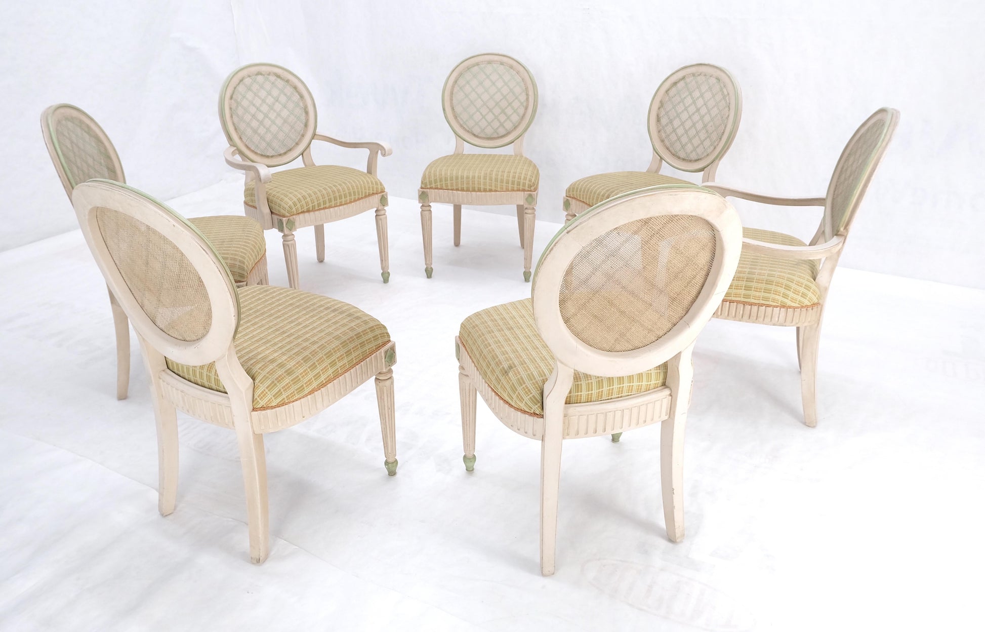 EstablishedLines Set of 7 Swedish White Wash Paint Decorated Oval Cane Backs Dining Chairs NICE!