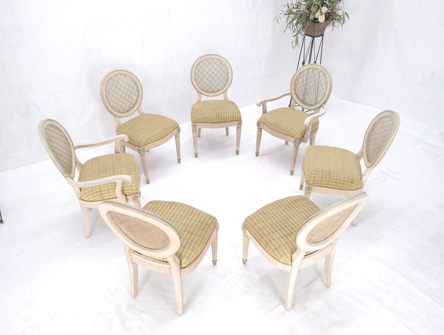 Set of 7 Swedish White Wash Paint Decorated Oval Cane Backs Dining Chairs NICE!