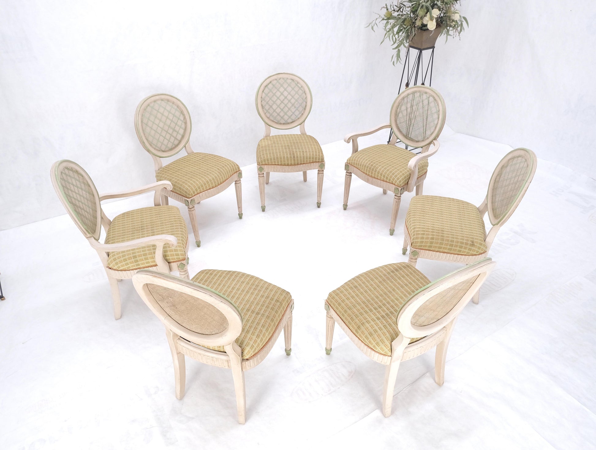 EstablishedLines Set of 7 Swedish White Wash Paint Decorated Oval Cane Backs Dining Chairs NICE!