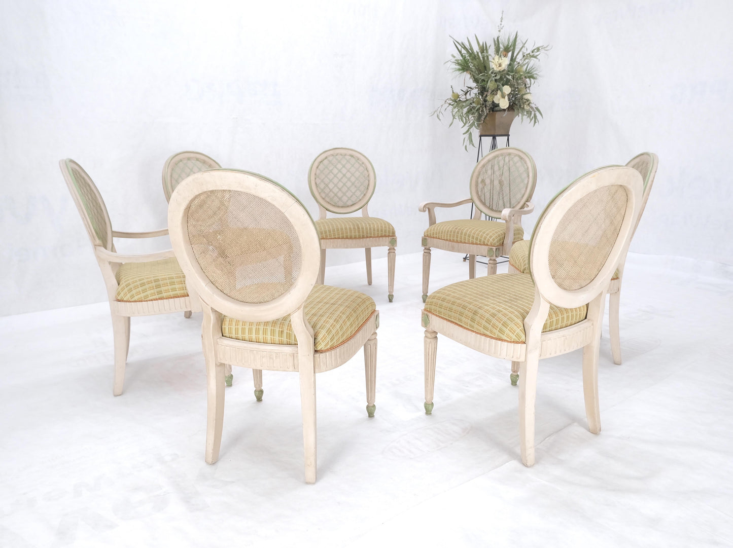 Set of 7 Swedish White Wash Paint Decorated Oval Cane Backs Dining Chairs NICE!