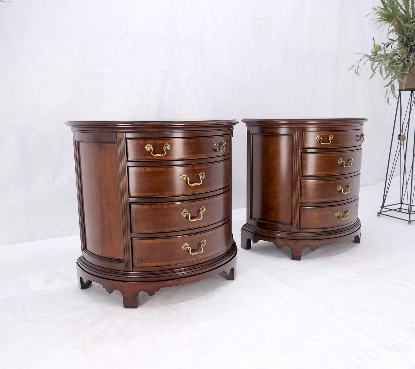Pair of 4 Drawer Banded Top Demi Lune Consoles Dressers Brass Drop Pulls MINT!