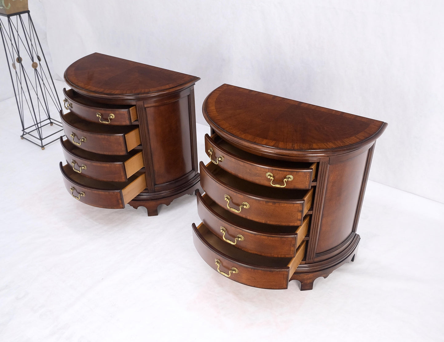 Pair of 4 Drawer Banded Top Demi Lune Consoles Dressers Brass Drop Pulls MINT!